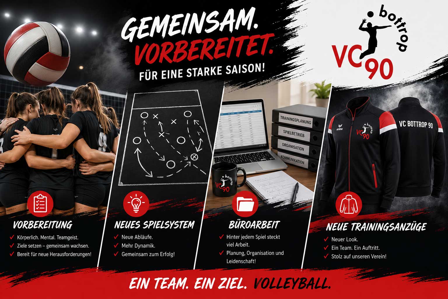 Gemeinsam. Vorbereitet. Für eine starke Saison! Plakatives Bild mit Informationen zu Vorbereitung, neuem Spielsystem, Büroarbeit und neuen Trainingsanzügen